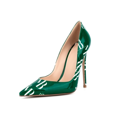 Green Letter Floral Patent Leather Stiletto Heels Pumps