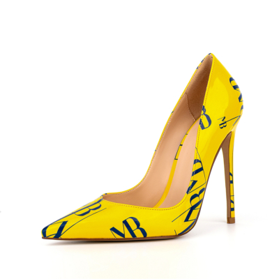 Yellow Letter Floral Patent Leather Stiletto Heels Pumps