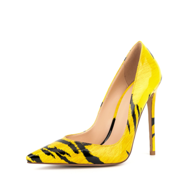 Yellow Tiger Floral Patent Leather Stiletto Heels Pumps