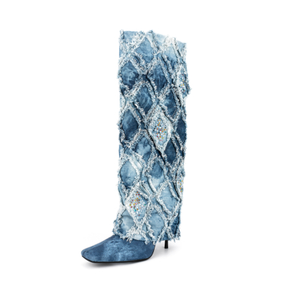 Women's Blue Denim Square Toe Fold over Knee High Boots