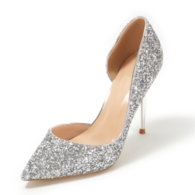 Up2step Silver Glitter Pointed Toe D'orsay Stiletto Heel Sequin Pumps