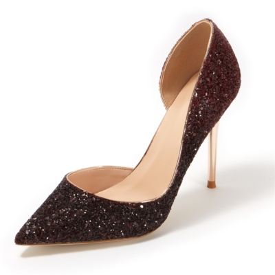 Up2step Burgundy Glitter Pointed Toe D'orsay Stiletto Heel Sequin Pumps