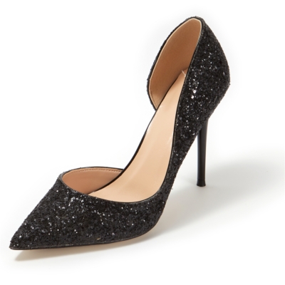 Up2step Black Glitter Pointed Toe D'orsay Stiletto Heel Sequin Pumps