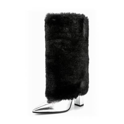 Women's Faux Fur Fold over Pointed Toe Chunky Heel Knee High Boots