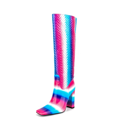 Pink and Blue Multicolor Square Toe Chunky Heels Knee High Boots