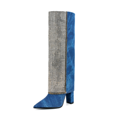 Blue Denim Pointed Toe Chunky Heel Rhinestone Fold over Knee High Boots