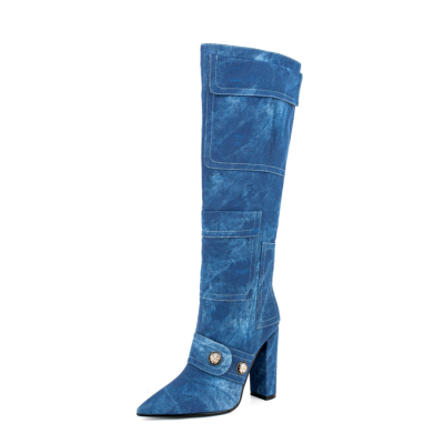 Blue Denim Pointed Toe Chunky Heel Pocket Knee High Boots