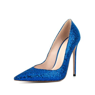Royal Blue Pointed Toe Stiletto Heels Glitter Pumps Party Shoes