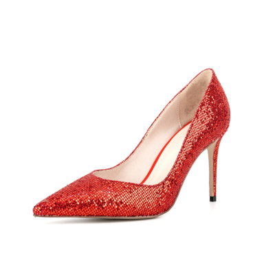 Red Pointed Toe Stiletto Heels Glitter Pumps Party Shoes
