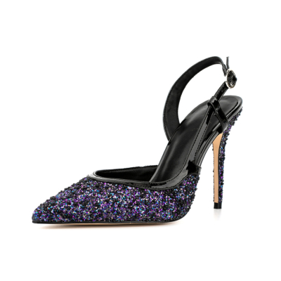 Purple Glitter Pointed Toe Stiletto Heel Slingback Sandals