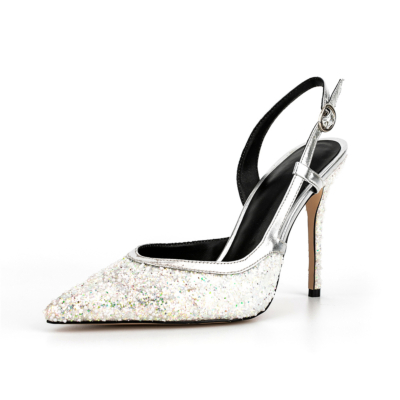 White Glitter Pointed Toe Stiletto Heel Slingback Sandals