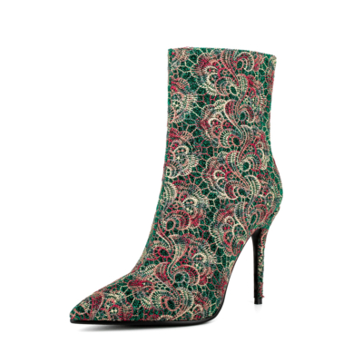 Green Vintage Embroidery Pointed Toe Stiletto Heel Ankle Booties
