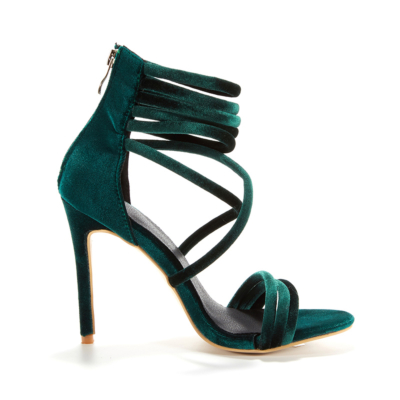 Green Velvet Gladiator Strappy High Heels Criss Cross Zipper Sandals