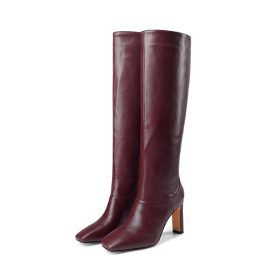Maroon Vintage Square Toe Women Pull On Tall Boots