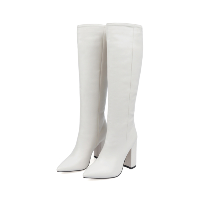 White Waterproof Pull-on Heeled Knee High Boots Riding Boot