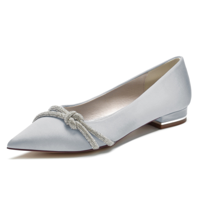 Grey Wedding Crystal Embellished Flat Pumps Bridal Satin Shoes