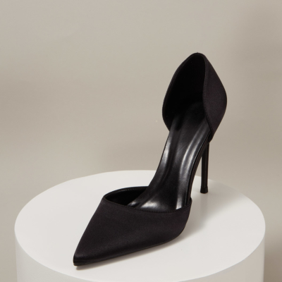 Black Wedding Satin D'orsay Stiletto Heel Pointed Toe Pumps