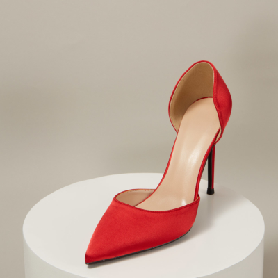 Red Wedding Satin D'orsay Stiletto Heel Pointed Toe Pumps
