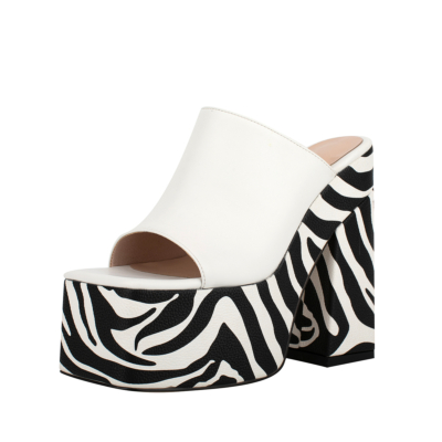 White and Black Block Heel Platform Sandals Zebra Prints High Heels