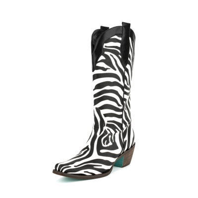 White and Black Zebra Print Cowboy Boots Chunky Heel Ankle Boots