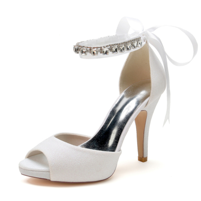White Glitter Peep Toe Ankle Strap Stiletto Heel Platform Wedding Sandals with Bow