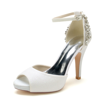 White Glitter Peep Toe Wedding Shoes Ankle Strap  Stiletto Heel Platform Sandals