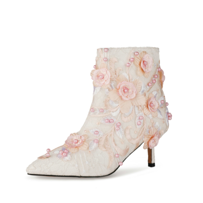 White Lace Floral Pointed Toe Wedding Ankle Boots with Stiletto Low Heels