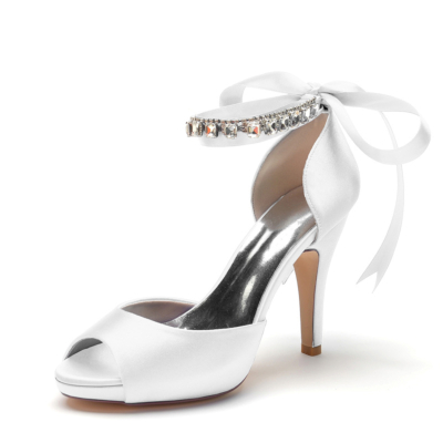 White Peep Toe Bow Wedding Shoes Ankle Strap  Stiletto Heel Platform Sandals