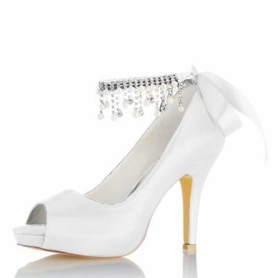 White Satin Peep Toe Wedding Shoes  Ankle Strap Stiletto Heel Platform Pumps