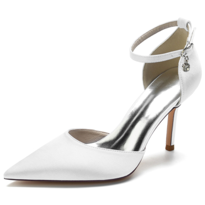White Satin Pointed Toe Ankle Strap  Stiletto Heel Wedding Pumps