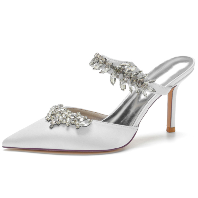 White Satin Wedding Shoes Pointed Toe Stiletto Heel Rhinestone Mules 