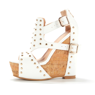 White Studded Cut Out Wedge Sandals Platform Shoes with Buckle 