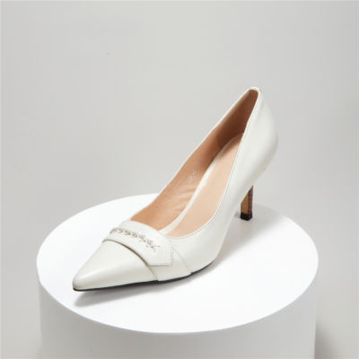 White Vintage Leather Pointy Toe Wooden Stilettos Heel Pumps 2022 Shoes