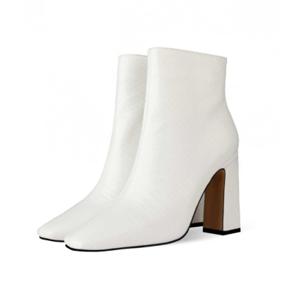 White Snake Print Square Toe Chunky Heel Dress Booties Ankle Boots