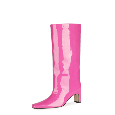 Fuchsia Wide Calf Knee High Boot Square Toe Shiny Pu Dresses Boots Mid Heels