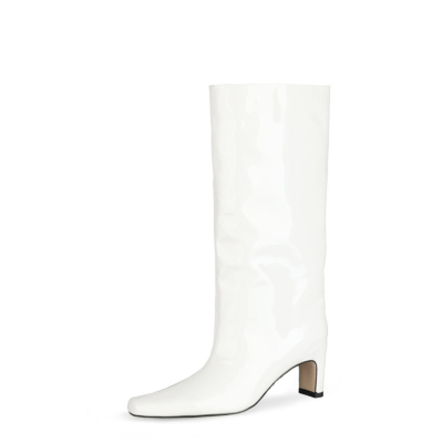 White Wide Calf Knee High Boot Square Toe Shiny Pu Dresses Boots Mid Heels