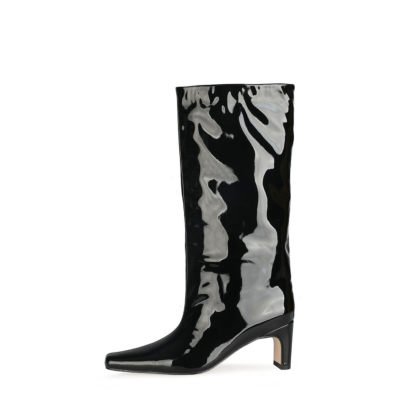 Wide Calf Knee High Boot Square Toe Shiny Pu Scrunch boots Mid Heels