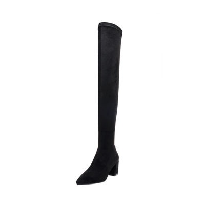 Black Suede Zipper Pull-on Elastic Chunky Heel Thigh High Boots