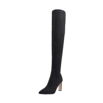 Black Suede Pull-on Elastic Square Heel Thigh High Boots