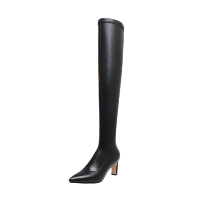 Black PU Pull-on Elastic Square Heel Thigh High Boots