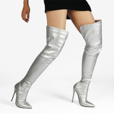 Silver Metallic Snake Print Over-The-Knee Boots Stiletto Heels Wide Calf Zip Booties