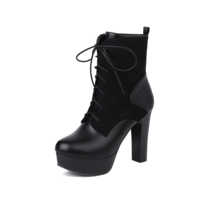Winter Suede Fabric&PU Platform Lace Up Heeled Ankle Boots with Round Toe
