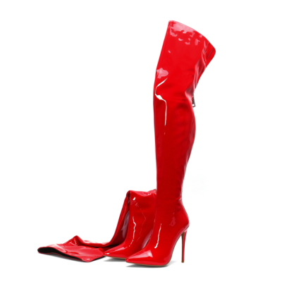 Red Patent Leather Pleaser Boots Stiletto Heel Long Thigh High Boots