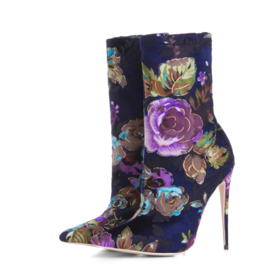 Women's Navy Floral Embroidered Elastic Booties Stilettos Sock Ankle Boots