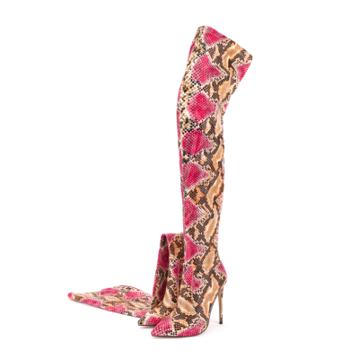 Pink Fashion Snake Embossed Pointed Toe Stilettos Over-the-knee Booties