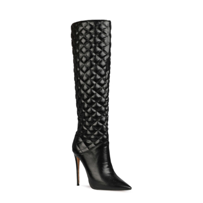 Black Woman's Quilted Stiletto Pointy Toe Knee High Boots