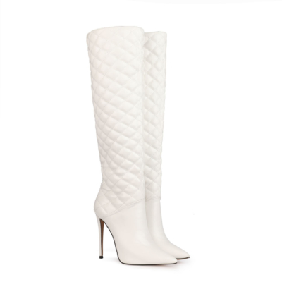 White Woman's Quilted Stiletto Pointy Toe Knee High Boots