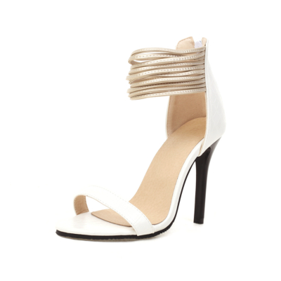 Women White Ankle Strap Stiletto Heeled Sandals Strappy Zipper High Heels