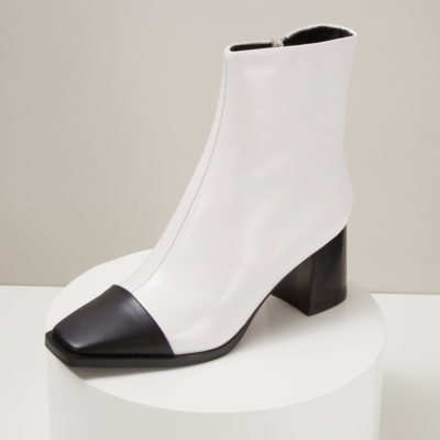 White Leather Square Toe Ankle Boot Block Heel Zipper Winter Booties