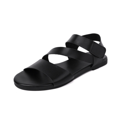 Women's Beach Sandals Magic Tape Strappy Band Sandals Flat in Black